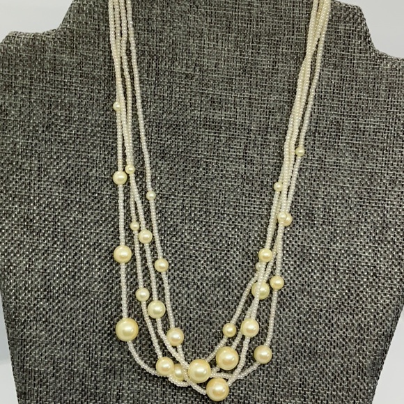 Vintage Trifari Faux Pearl and Seed Bead Multi Strand Necklace - Picture 5 of 5